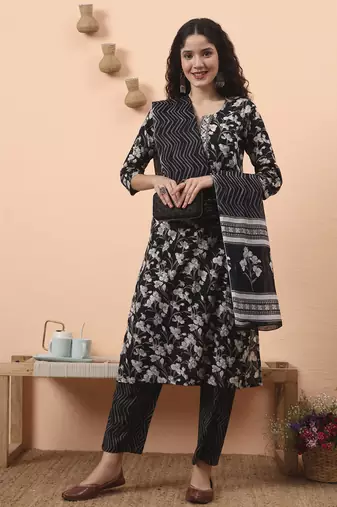 black pure cotton thared work kurta dupatta pant set