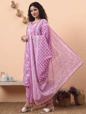 purple pure cotton thared work kurta dupatta pant set 1