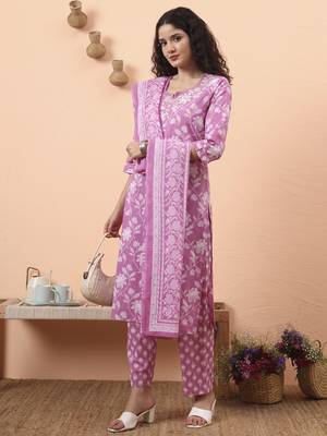 purple pure cotton thared work kurta dupatta pant set 2