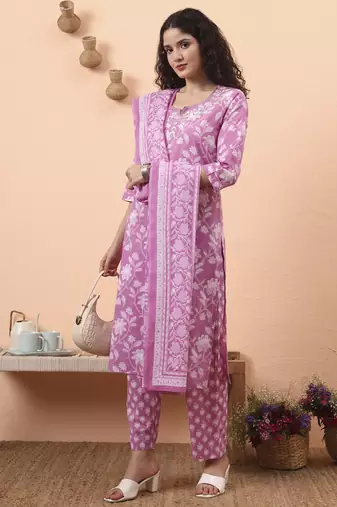 purple pure cotton thared work kurta dupatta pant set