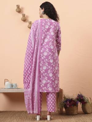 purple pure cotton thared work kurta dupatta pant set 3