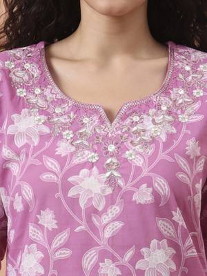 purple pure cotton thared work kurta dupatta pant set 4
