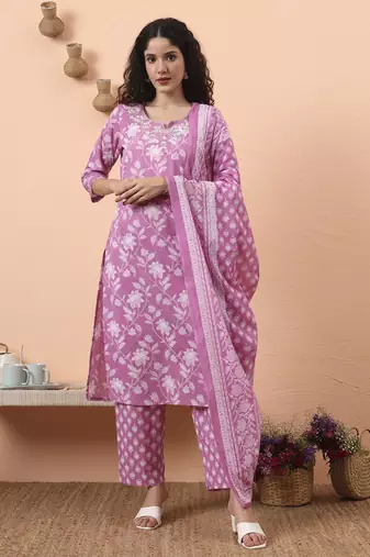 purple pure cotton thared work kurta dupatta pant set
