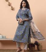 rama green and blue floral sequins work straight kurta trouser dupatta set