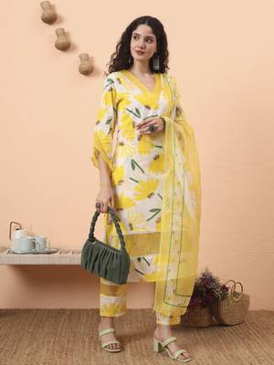 yellow and white floral kantha work straight kurta trouser dupatta set 1
