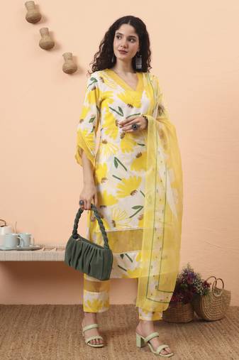 yellow and white floral kantha work straight kurta trouser dupatta set