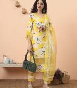 yellow and white floral kantha work straight kurta trouser dupatta set