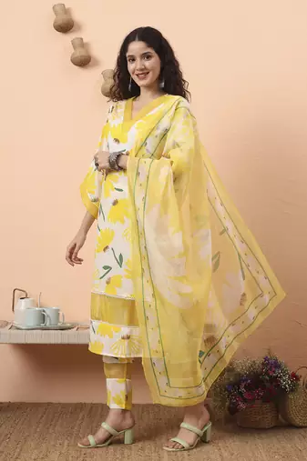 yellow and white floral kantha work straight kurta trouser dupatta set