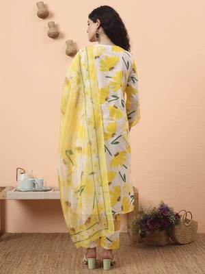 yellow and white floral kantha work straight kurta trouser dupatta set 3