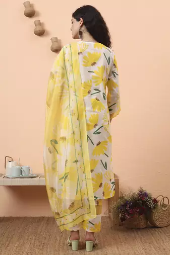 yellow and white floral kantha work straight kurta trouser dupatta set