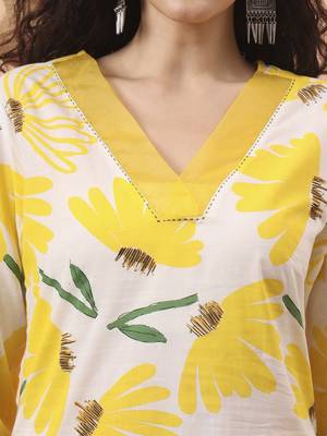 yellow and white floral kantha work straight kurta trouser dupatta set 4