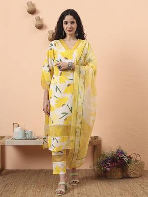 yellow and white floral kantha work straight kurta trouser dupatta set 5