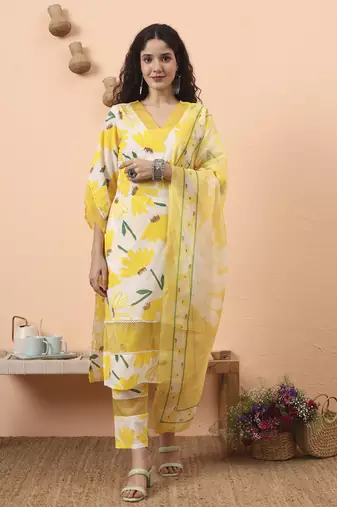 yellow and white floral kantha work straight kurta trouser dupatta set