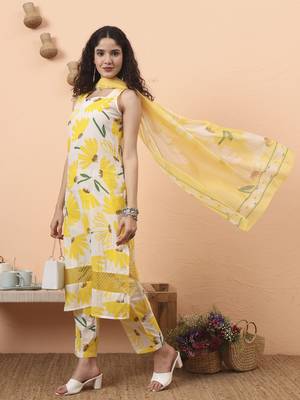 yellow and white floral straight kurta trouser dupatta set 1