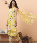 yellow and white floral straight kurta trouser dupatta set