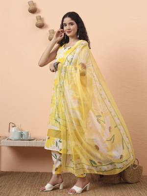 yellow and white floral straight kurta trouser dupatta set 2