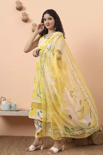 yellow and white floral straight kurta trouser dupatta set