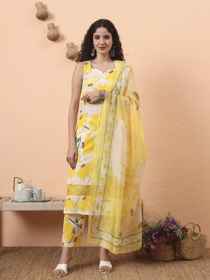 yellow and white floral straight kurta trouser dupatta set 5