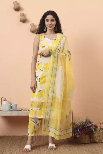 yellow and white floral straight kurta trouser dupatta set