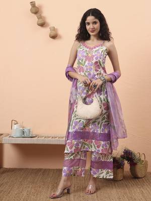 white and purple floral print lace work straight kurta trouser dupatta set 1
