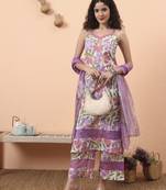 white and purple floral print lace work straight kurta trouser dupatta set