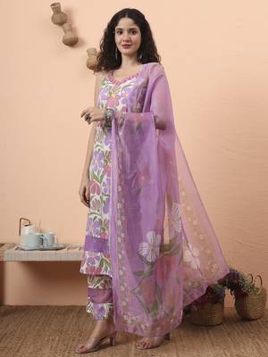 white and purple floral print lace work straight kurta trouser dupatta set 2