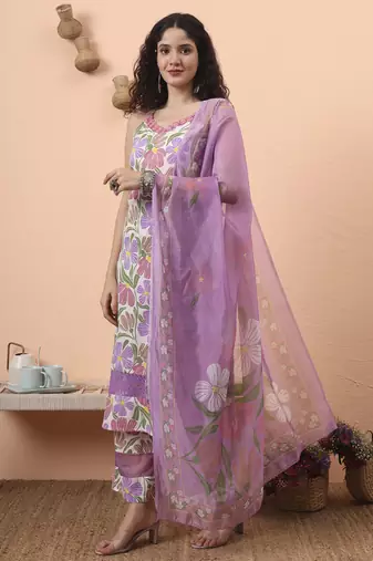 white and purple floral print lace work straight kurta trouser dupatta set