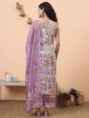 white and purple floral print lace work straight kurta trouser dupatta set 3