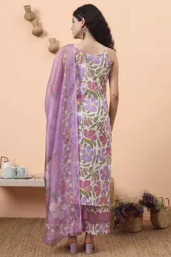 white and purple floral print lace work straight kurta trouser dupatta set