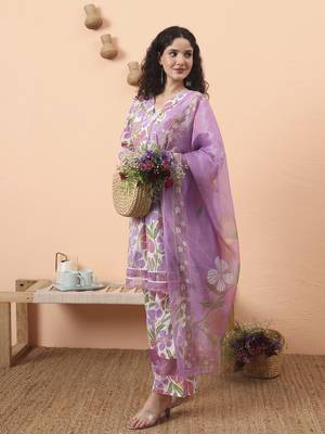 white and purple floral print lace work a-line kurta trouser dupatta set 1