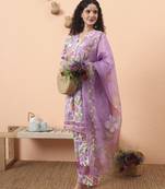 white and purple floral print lace work a-line kurta trouser dupatta set
