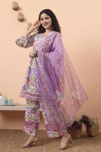 white and purple floral print lace work a-line kurta trouser dupatta set