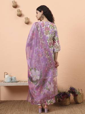 white and purple floral print lace work a-line kurta trouser dupatta set 3