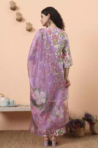 white and purple floral print lace work a-line kurta trouser dupatta set