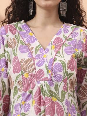 white and purple floral print lace work a-line kurta trouser dupatta set 4