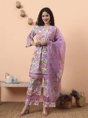 white and purple floral print lace work a-line kurta trouser dupatta set 5