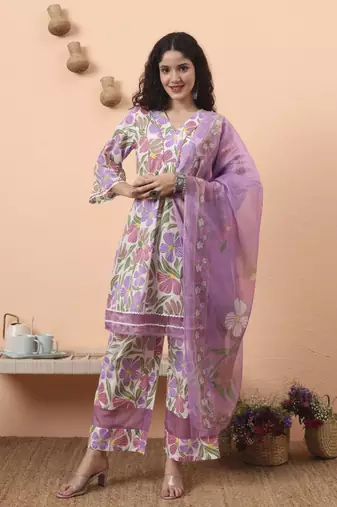 white and purple floral print lace work a-line kurta trouser dupatta set