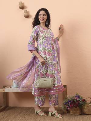 white and purple floral sequins work aline kurta trouser dupatta set 1