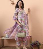 white and purple floral sequins work aline kurta trouser dupatta set