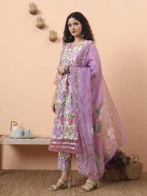 white and purple floral sequins work aline kurta trouser dupatta set 2