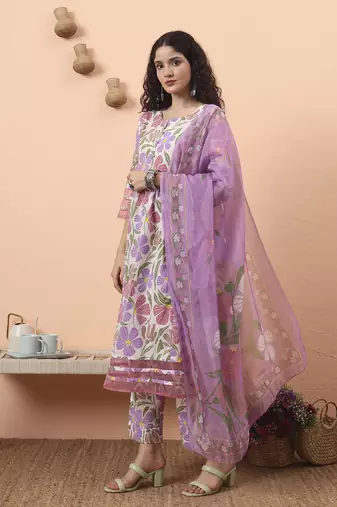 white and purple floral sequins work aline kurta trouser dupatta set