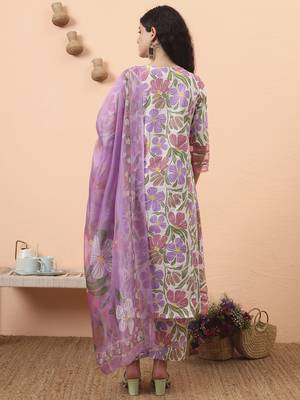 white and purple floral sequins work aline kurta trouser dupatta set 3
