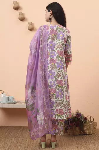 white and purple floral sequins work aline kurta trouser dupatta set