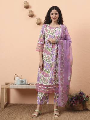 white and purple floral sequins work aline kurta trouser dupatta set 5
