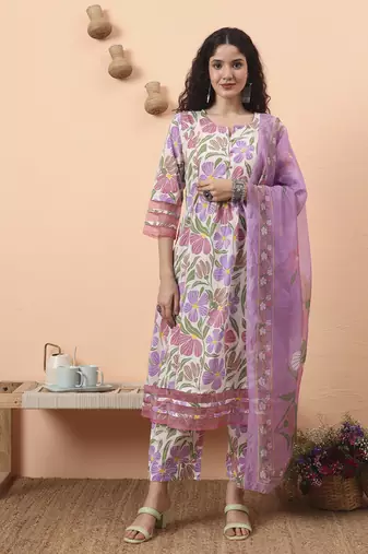 white and purple floral sequins work aline kurta trouser dupatta set