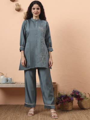 blue silk blend thared work co-ord set 1