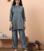 blue silk blend thared work co-ord set