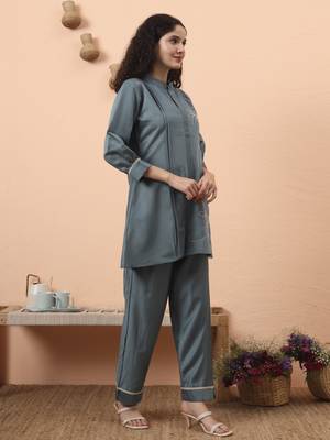 blue silk blend thared work co-ord set 2