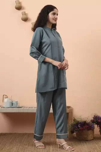 blue silk blend thared work co-ord set