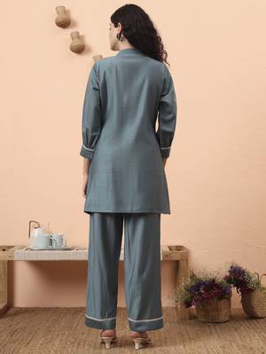 blue silk blend thared work co-ord set 3